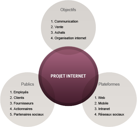 Un projet Internet met en relation un objectif (communication, vente, organisation interne, etc.), un public (employés, clients, fournisseurs, etc.) et une plate-forme (web, mobile, réseaux sociaux, Intranet...)